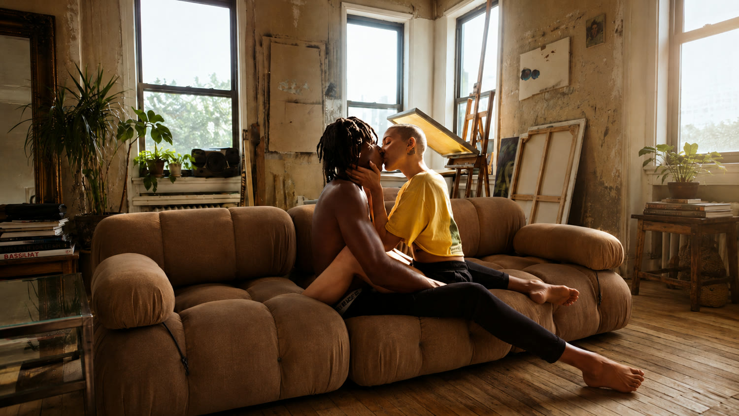 Couple on the Camacloud sofa in a sunlit artist loft