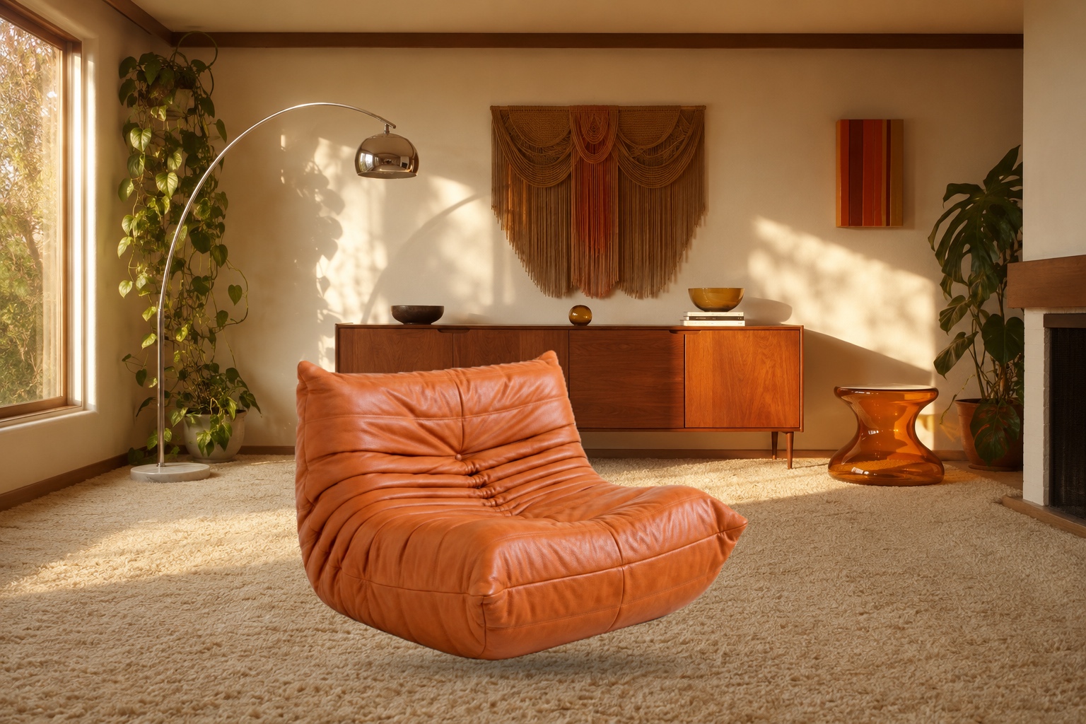 Cognac Bruma chair in a 1970s living room