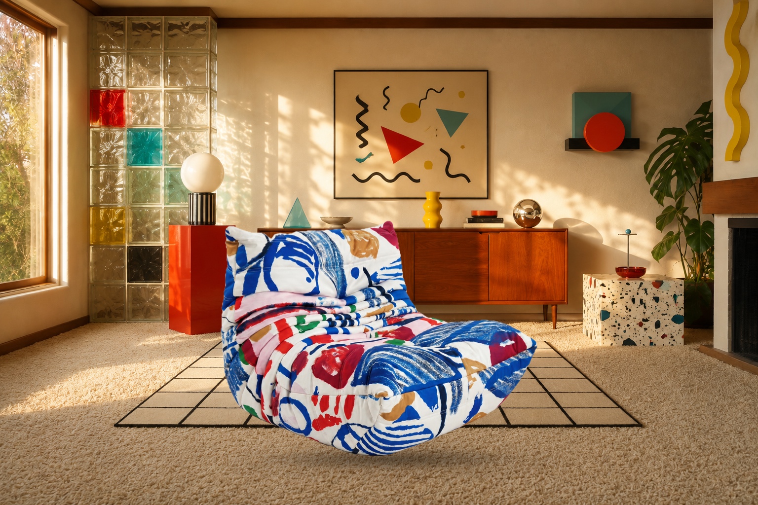 Graffiti-print Bruma chair in an 80s Memphis room