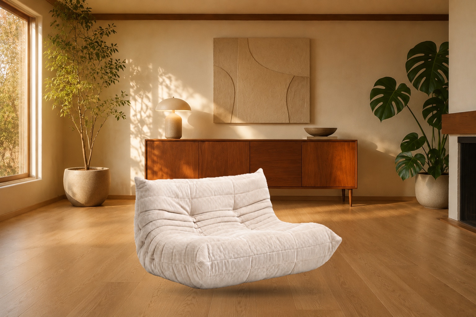 Cream corduroy Bruma loveseat in a contemporary loft